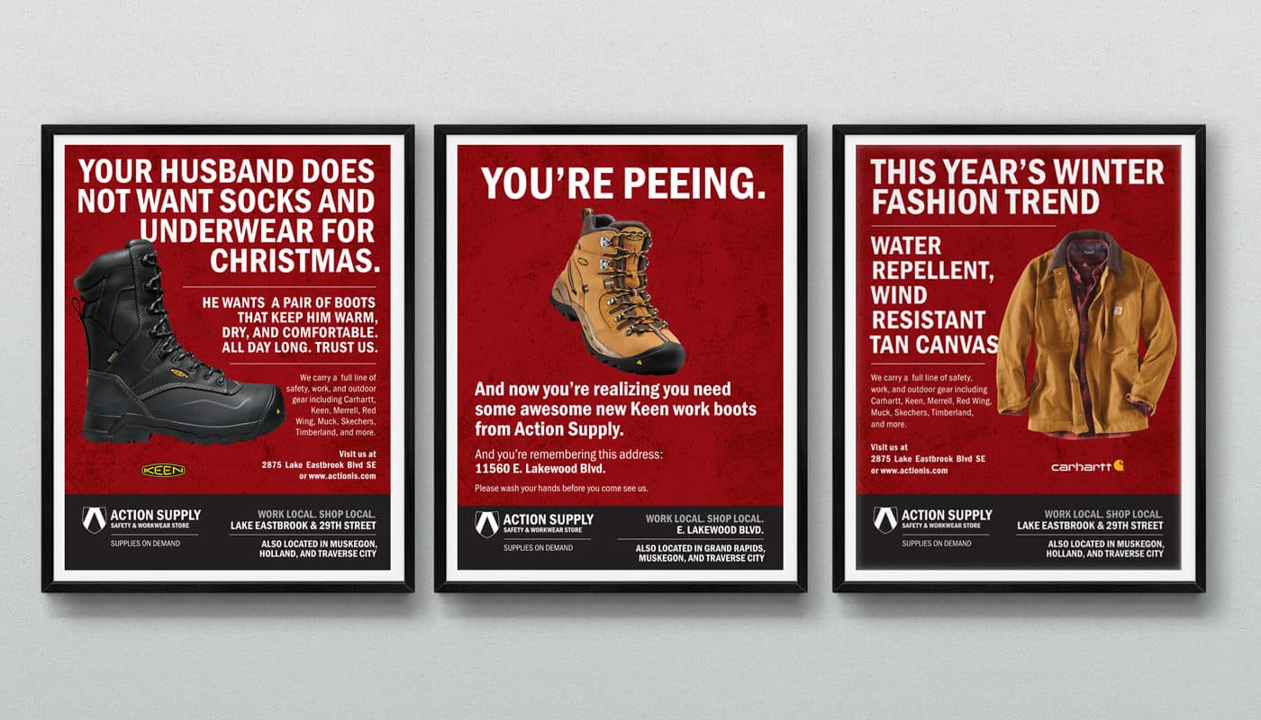 Three Action Supply Bathroom Ad Designs showing boots and winter coats