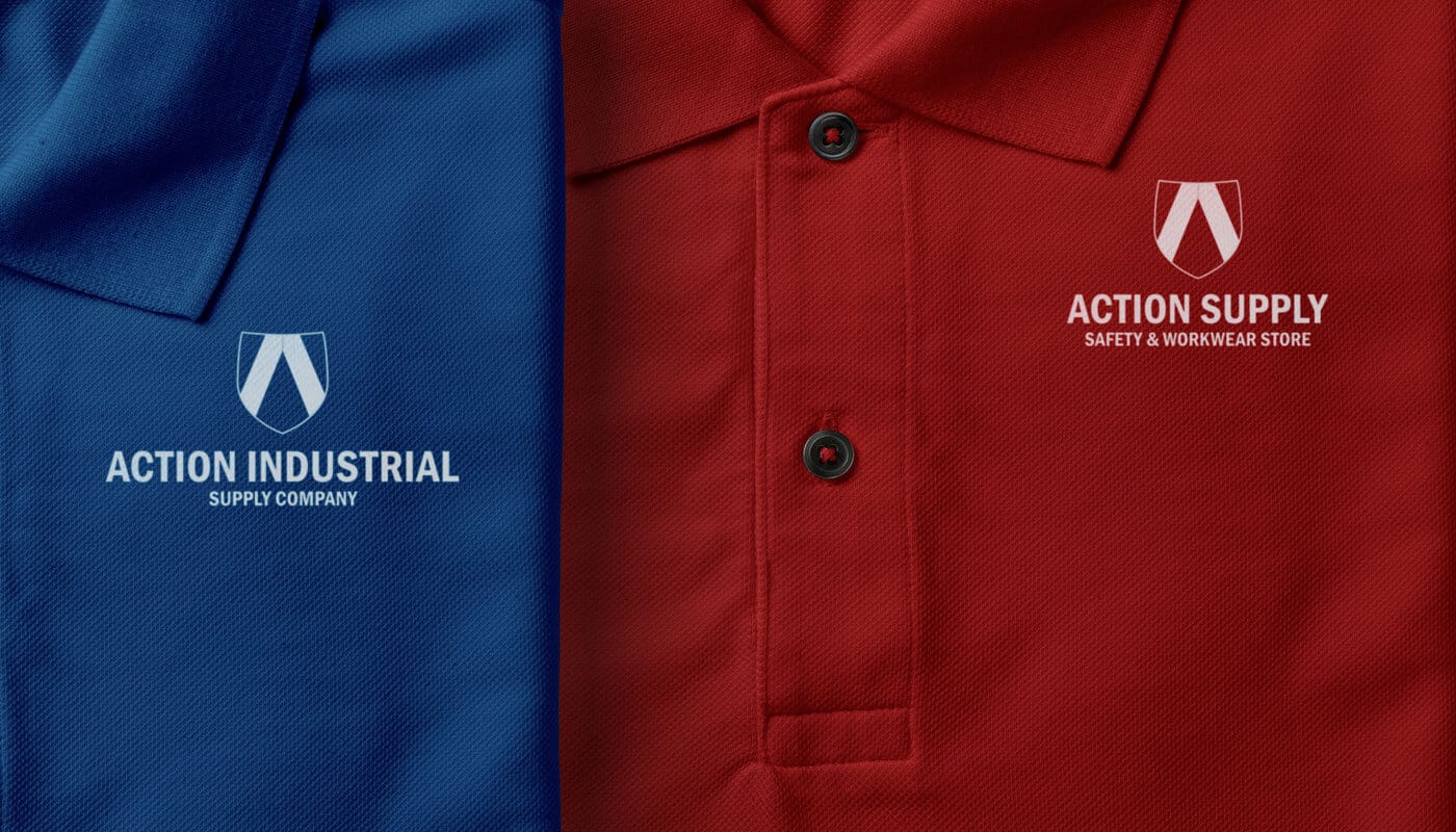 Action Supply Logo shown on red and blue Polo Shirts