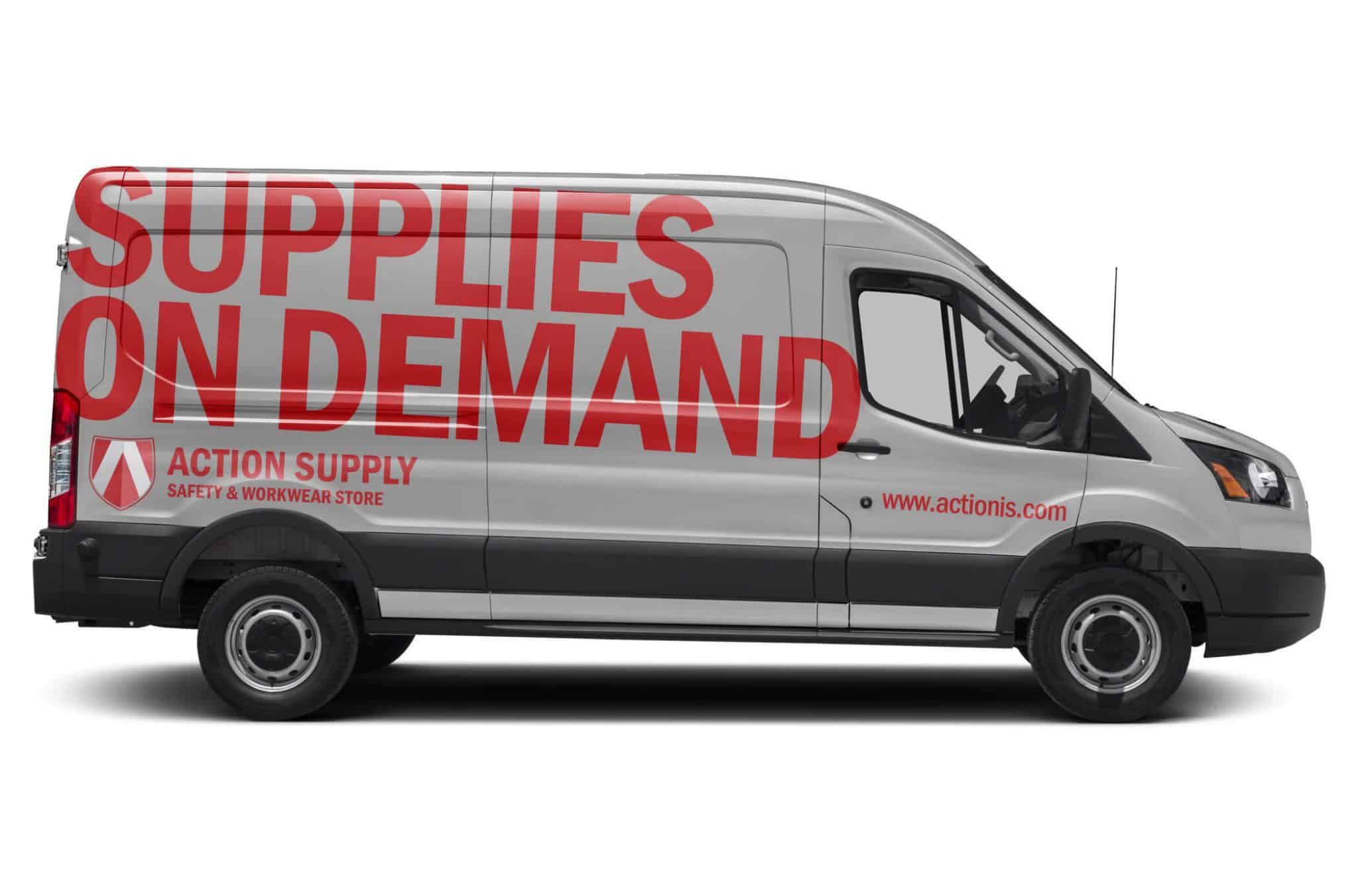 Action Supply Delivery Van showing "supplies on Demand" tag line