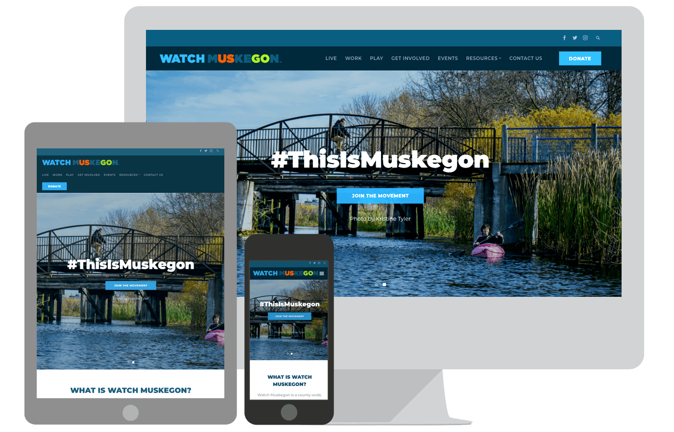 A mobile phone, tablet, and computer screen showing a website design for Watch Muskegon.