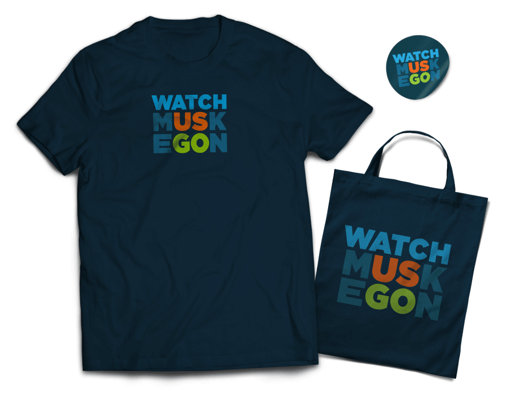Watch Muskegon shirt, tote bag, and sticker