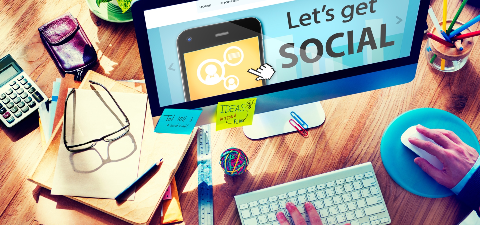 "Let's get Social" graphic displaying on computer screen