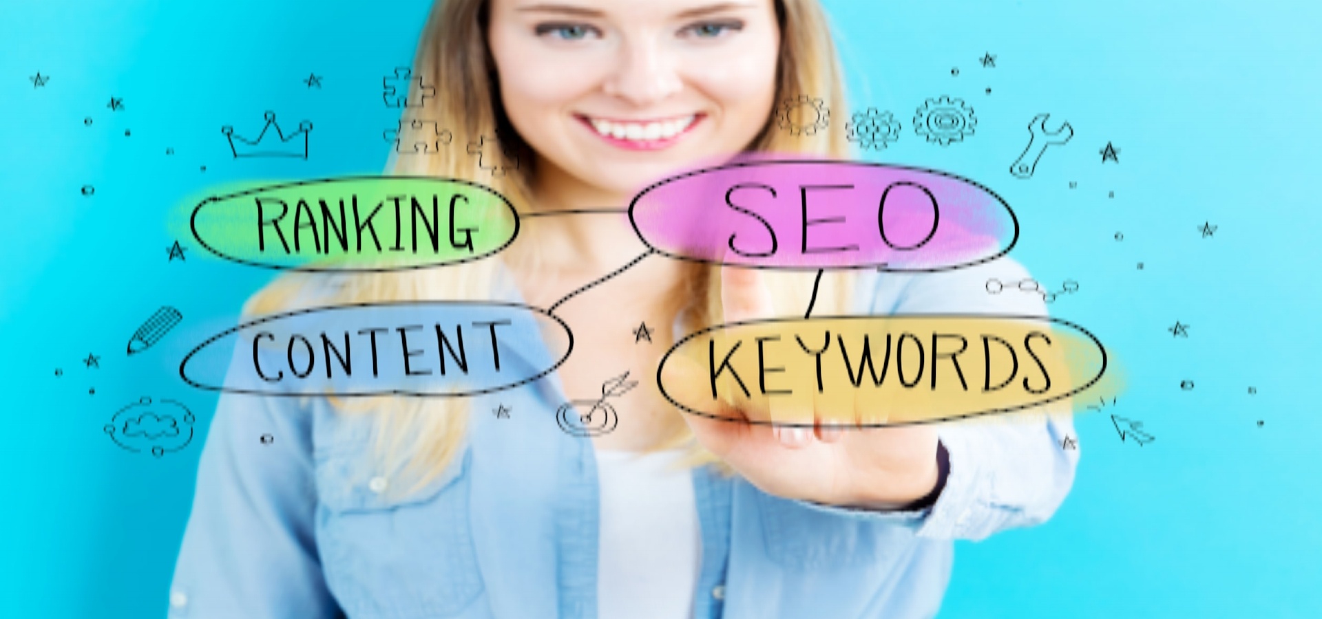 Woman smiling at colorful word bubbles with the words "Ranking, SEO, Content and keywords"