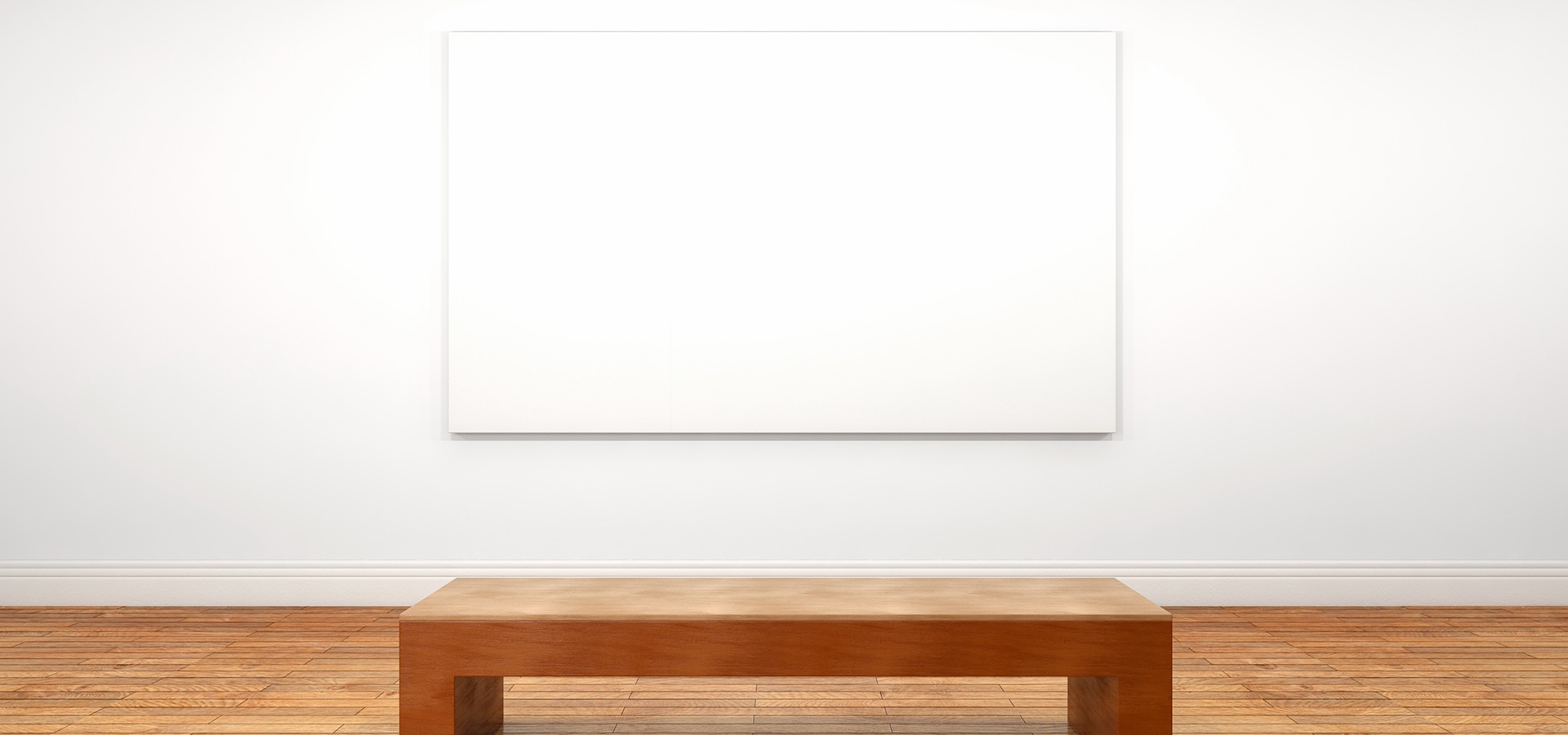 White art on white wall with empty bench in front