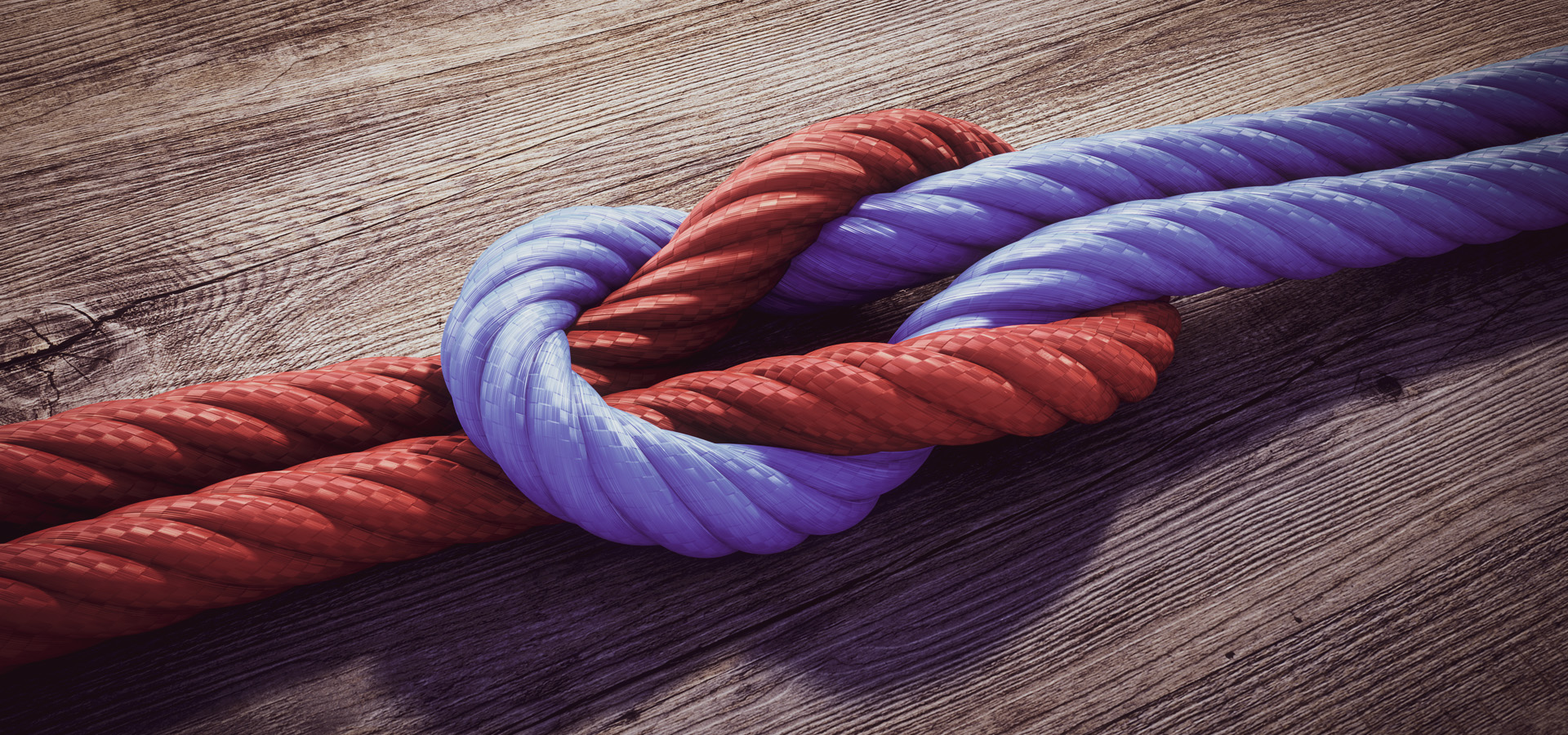 Red and blue rope tied in a knot