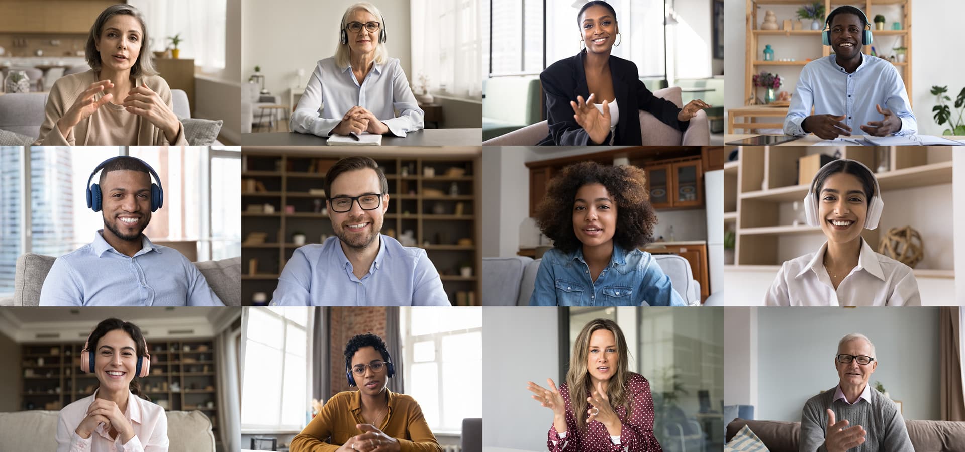 Multiethnic team of diverse business people communicate by group video call.